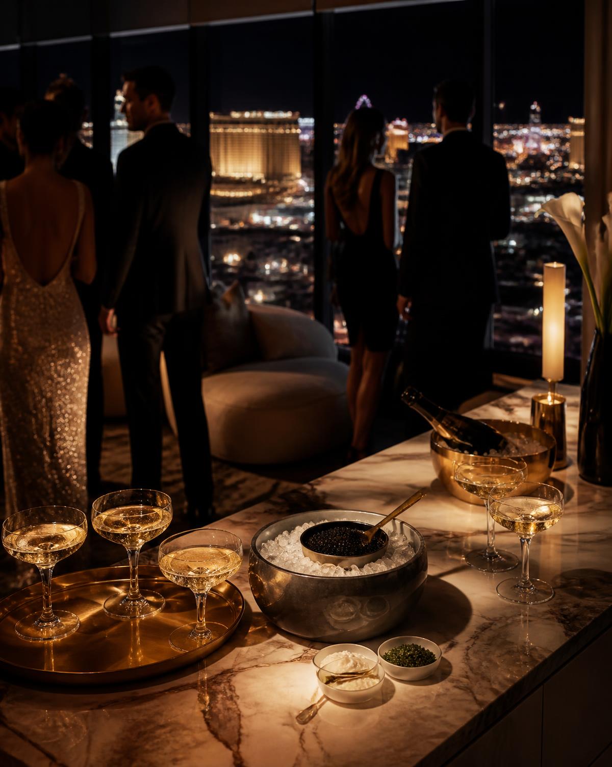 Upscale evening celebration overlooking a city skyline with champagne and caviar