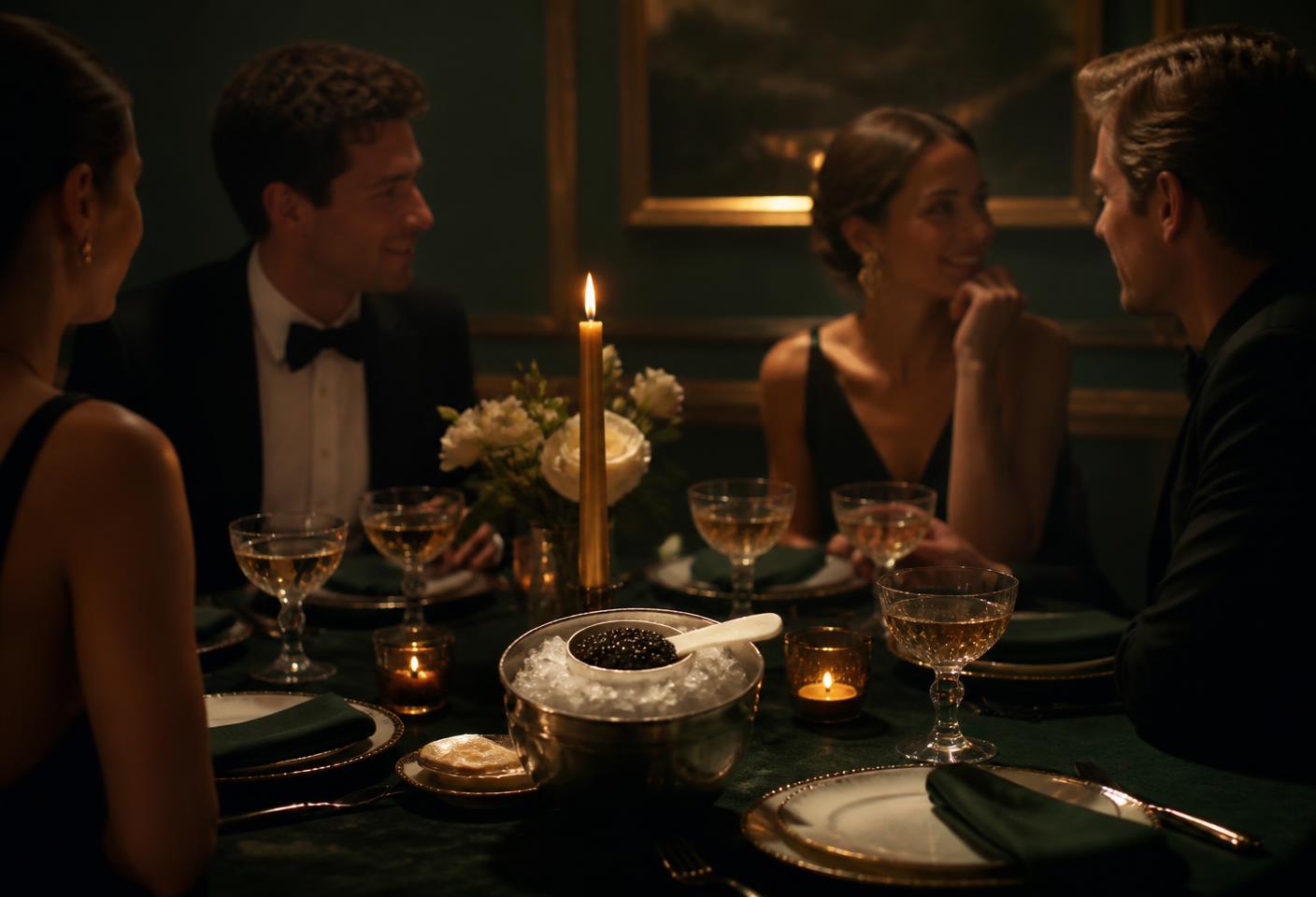 Intimate candlelit private dinner with caviar service and champagne