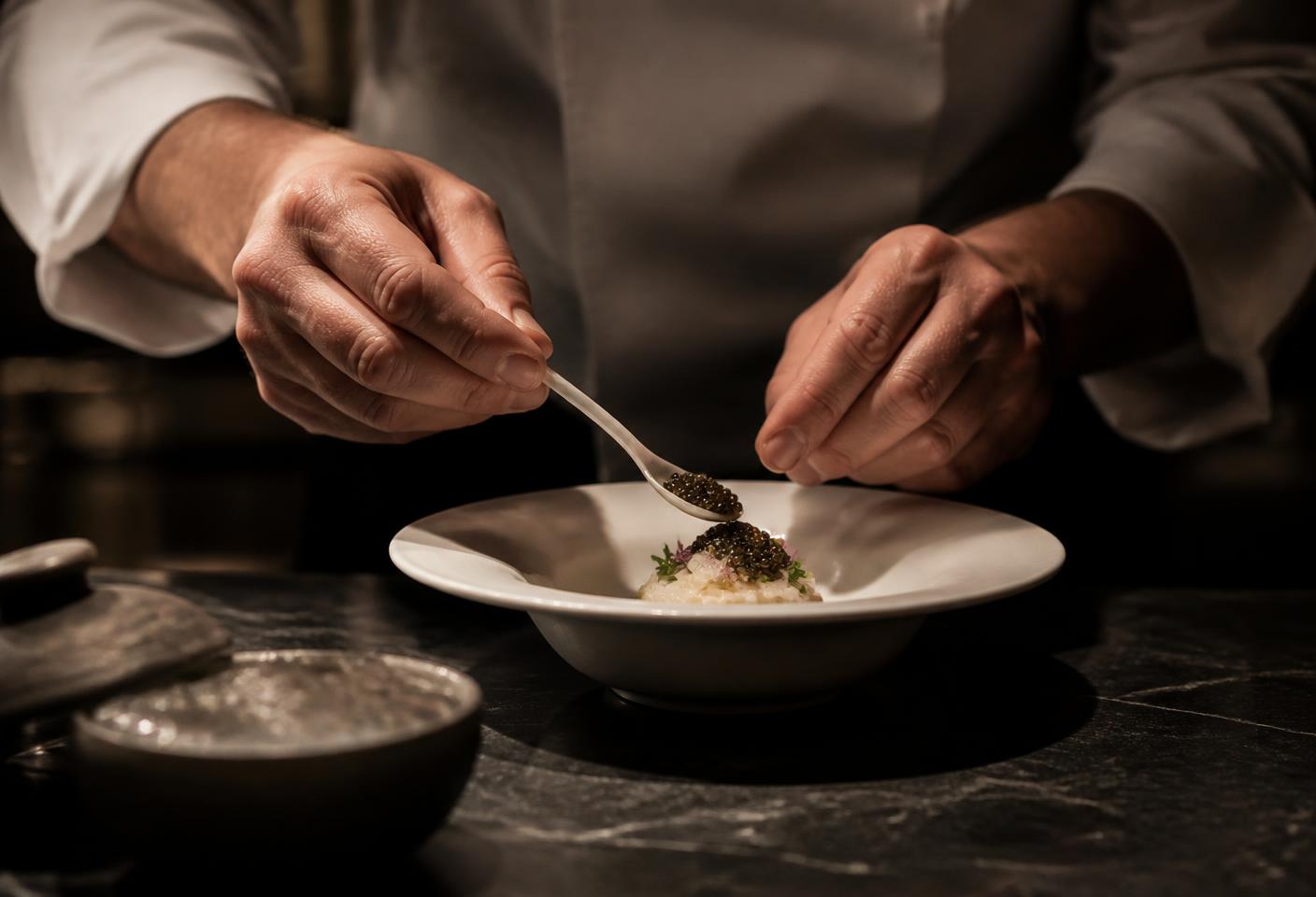 Chef plating a refined caviar course in a fine dining restaurant