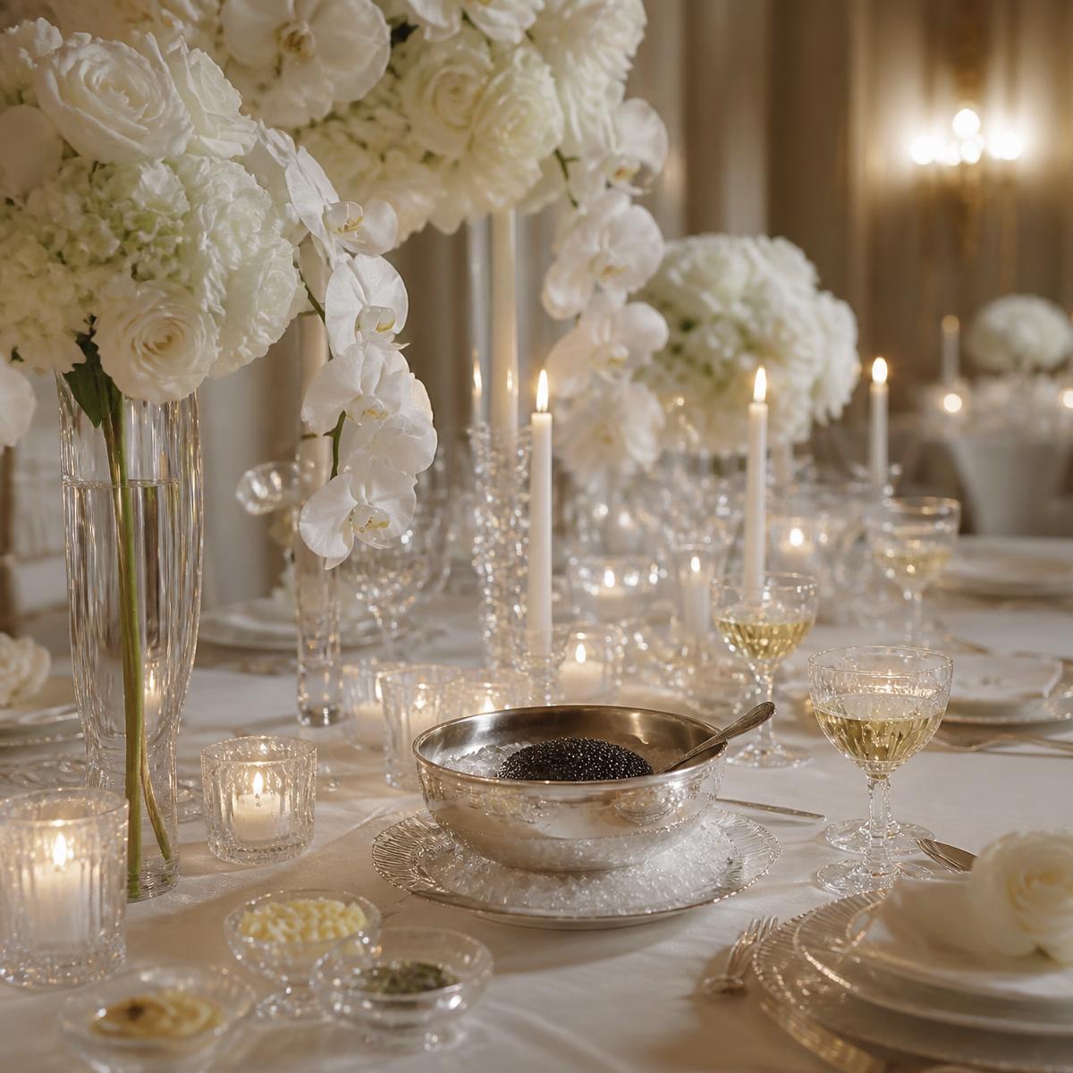 Elegant wedding reception table with crystal, white florals and caviar service