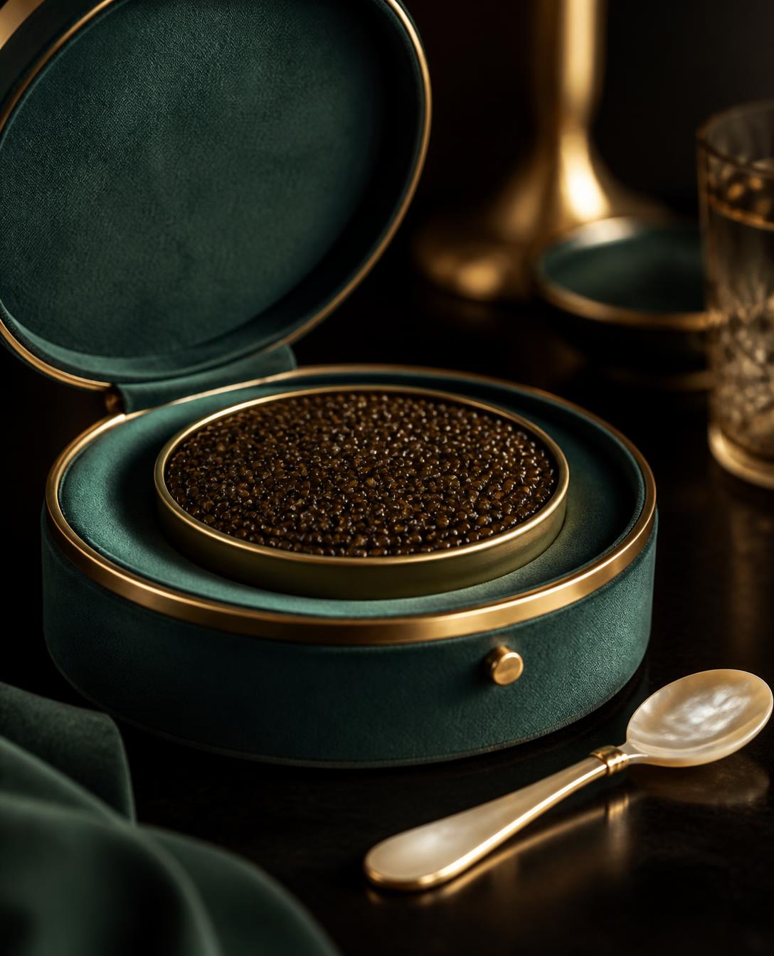 Emerald and gold presentation case with premium Osetra caviar tin