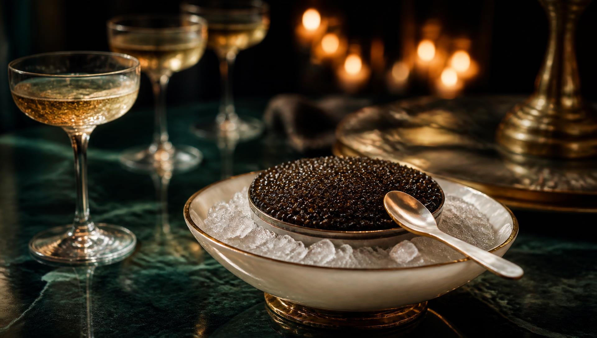 Osetra caviar served on ice with champagne coupes