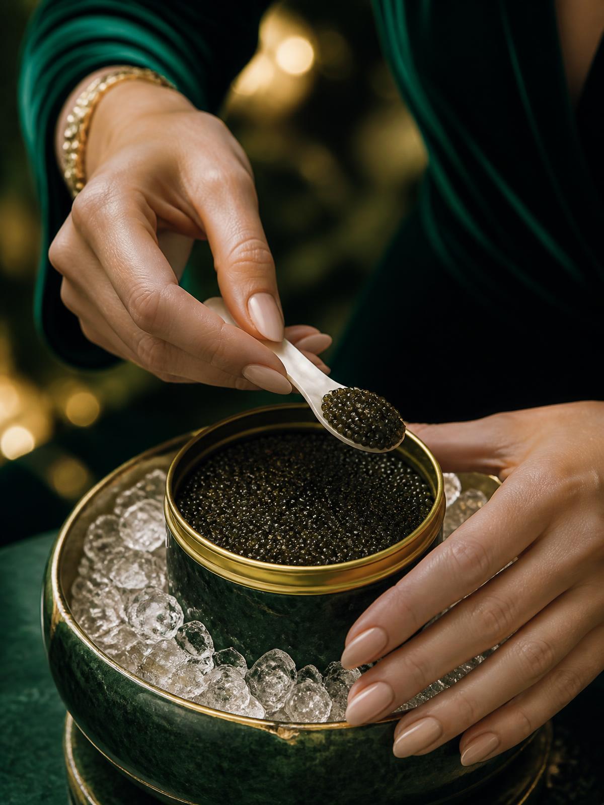 Elegant hands serving premium Osetra caviar with a mother-of-pearl spoon over ice